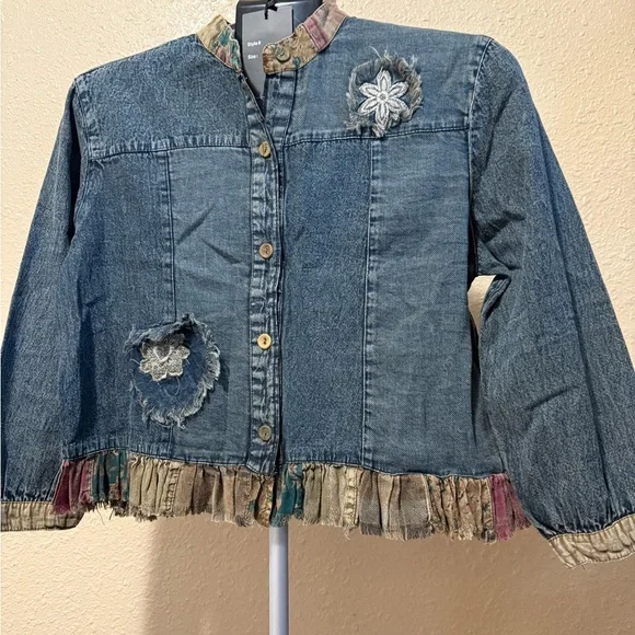 Denim Patchwork ruffle Jacket with Floral Accents by Young Threads - Picture 6 of 11